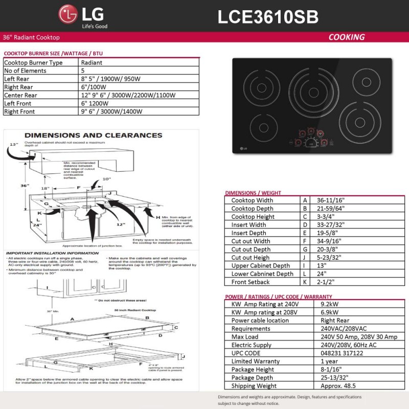 LG LCE3610SB 36 in. Smooth Surface Electric Cooktop in Black with 5